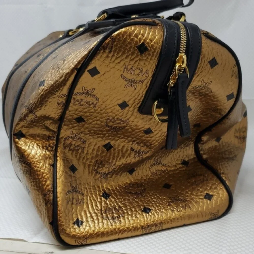 MCM Metallic Gold Weekend Duffle Duffel Coated Travel Bag Handbag